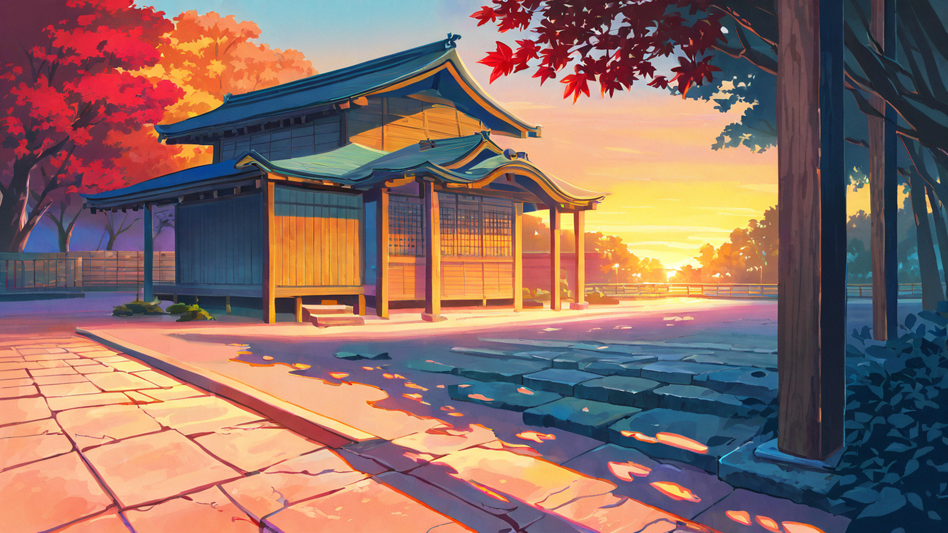 autumn maple village lofi wallpaper