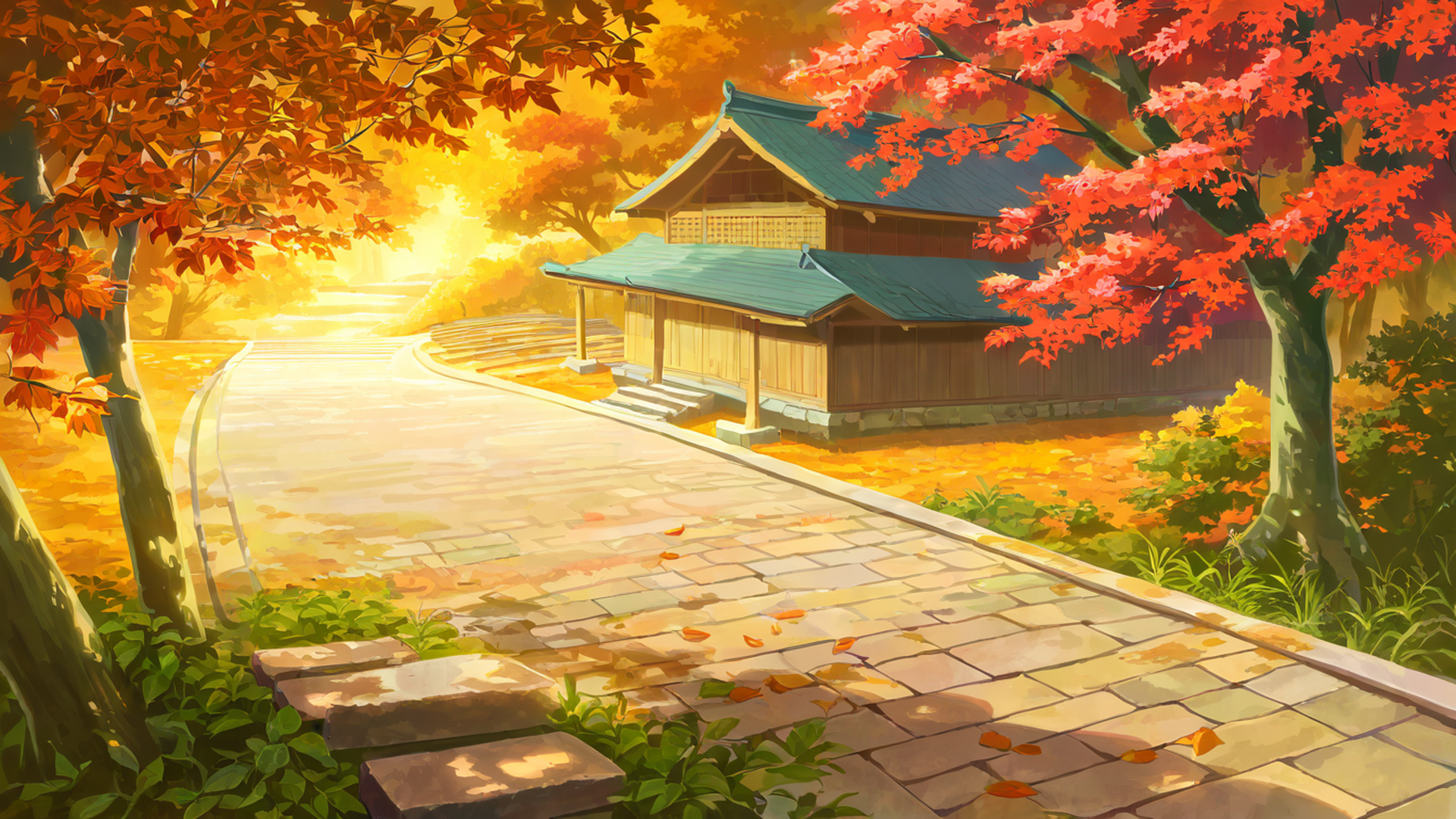 autumn maple village lofi wallpaper