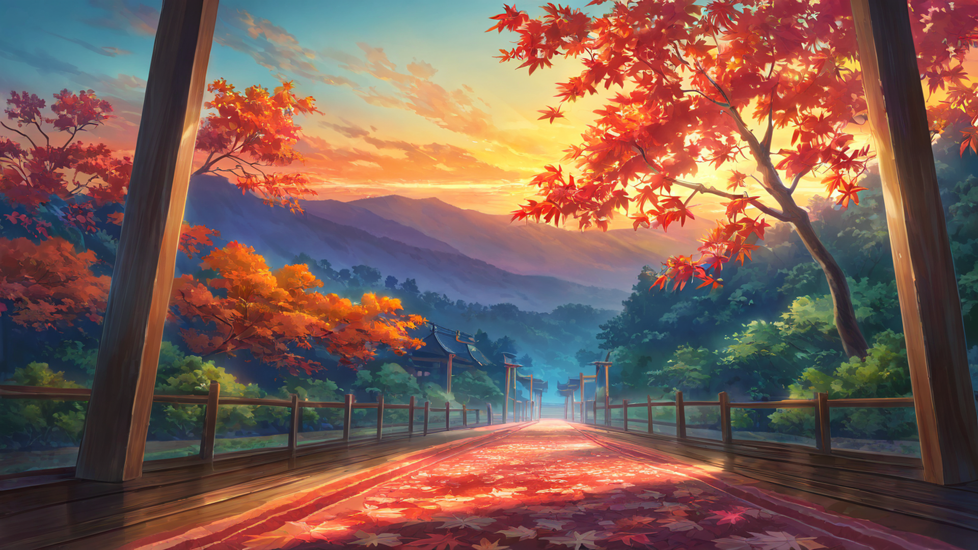 autumn maple village lofi wallpaper