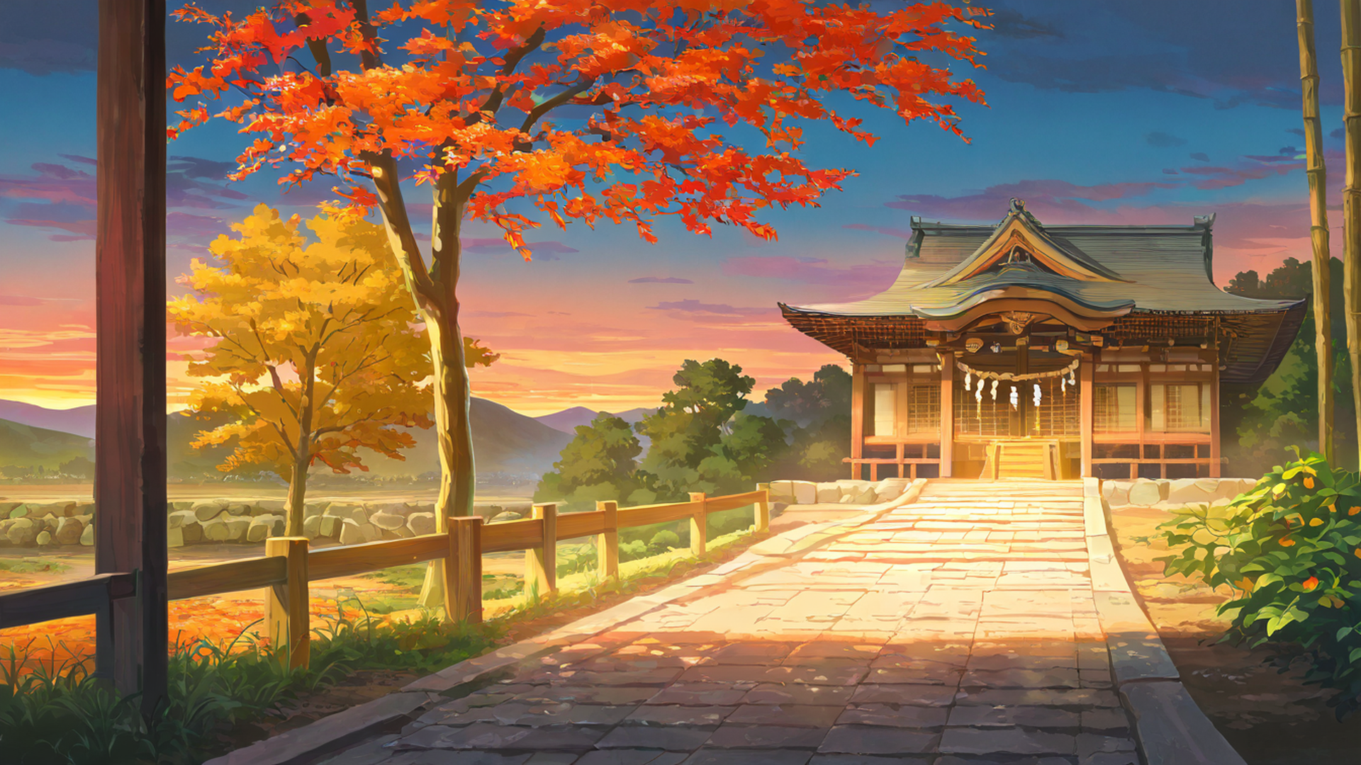 autumn maple village lofi wallpaper