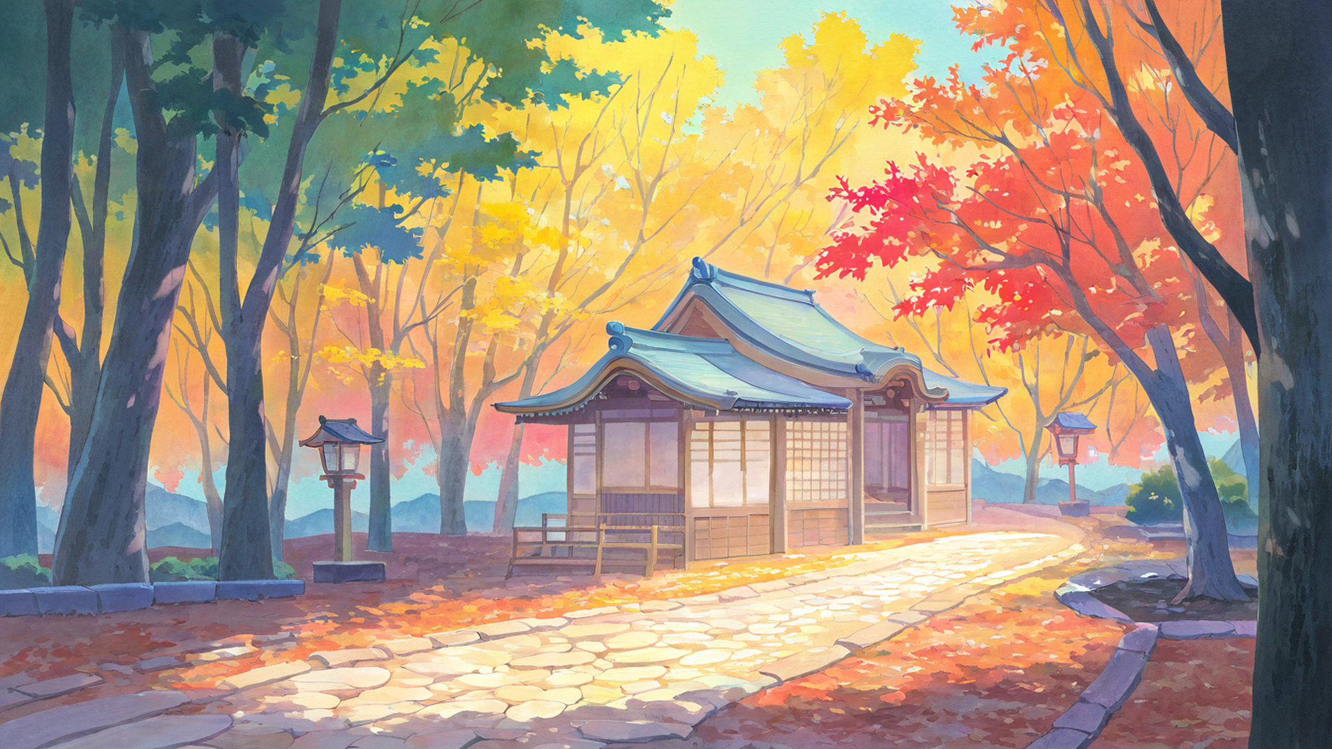 autumn maple village lofi wallpaper