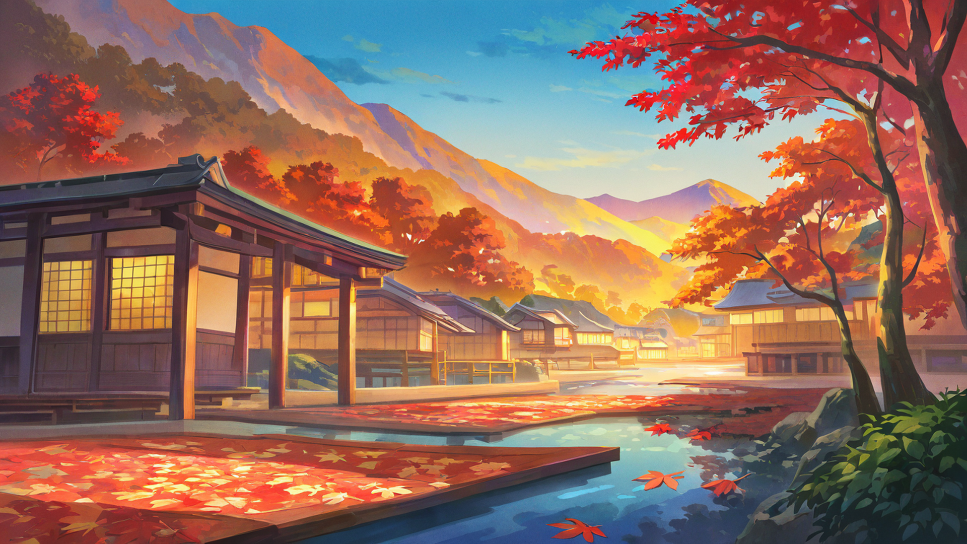 autumn maple village lofi wallpaper