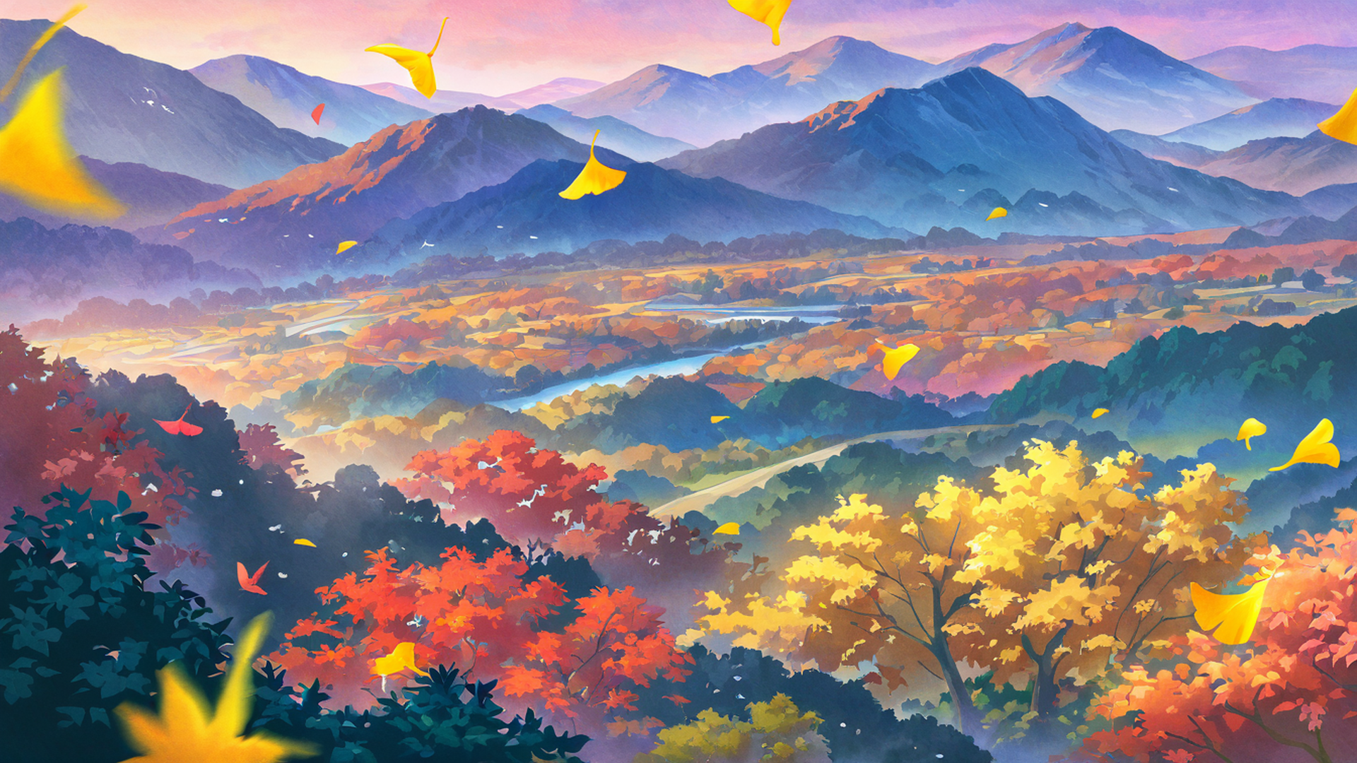 autumn maple village lofi wallpaper