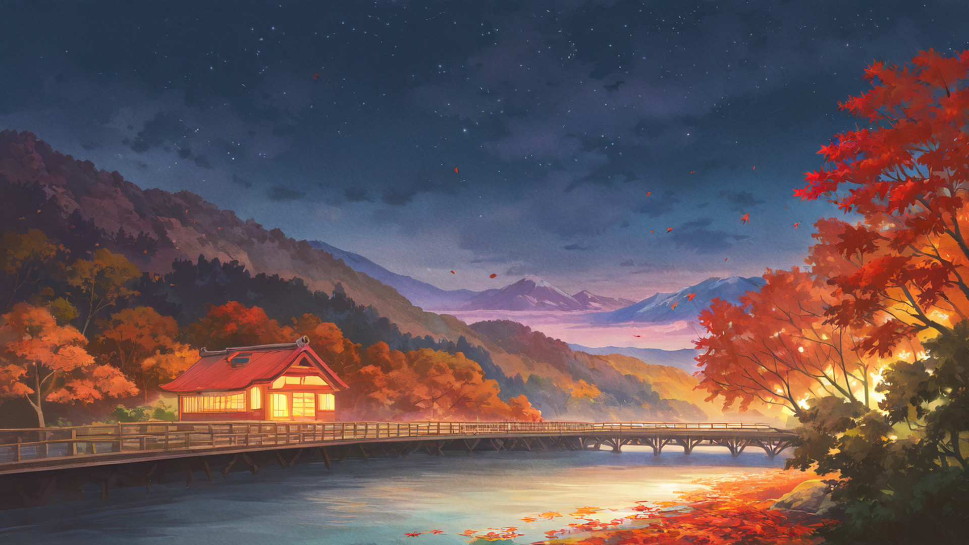 autumn maple village lofi wallpaper