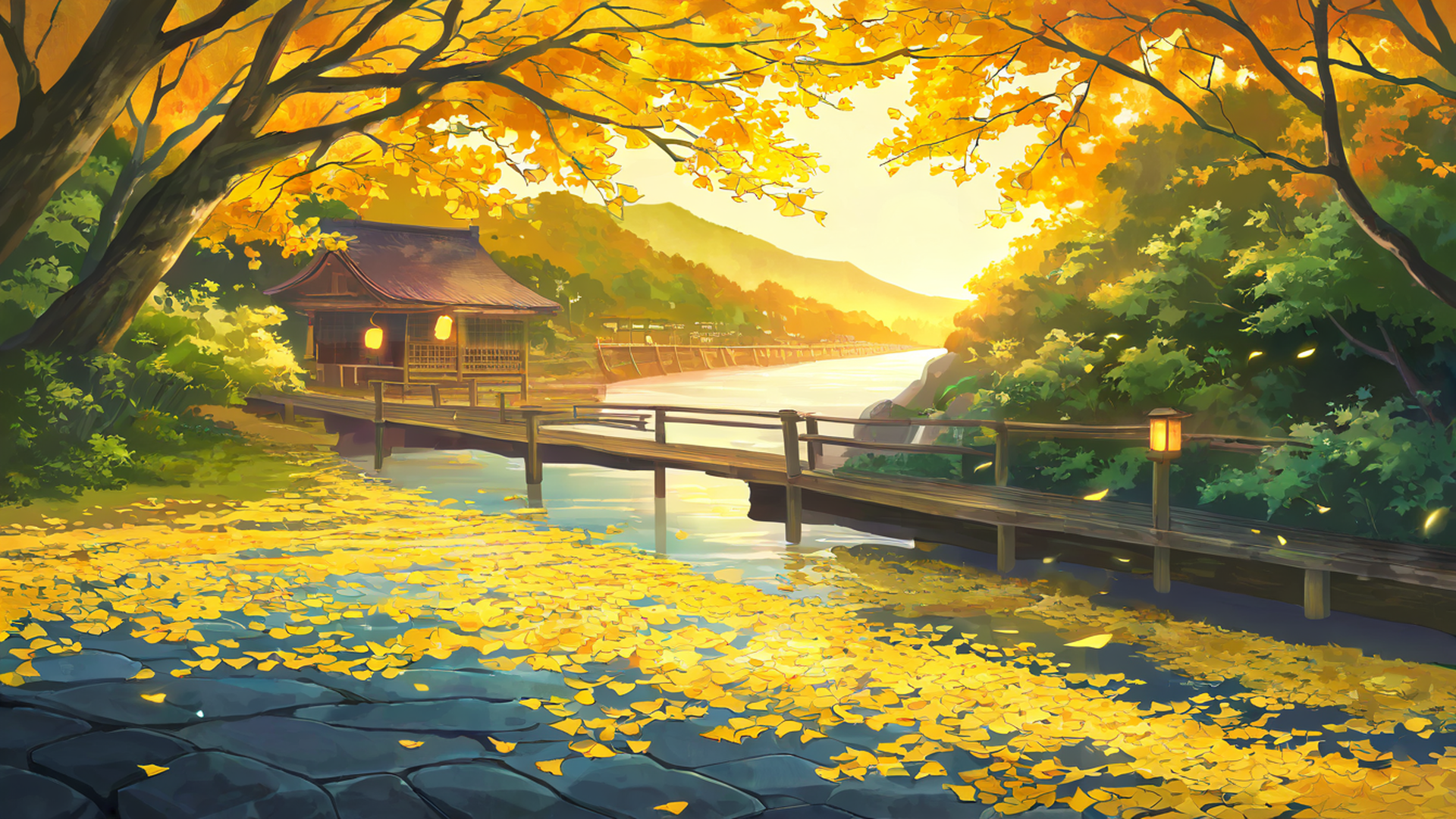 autumn maple village lofi wallpaper