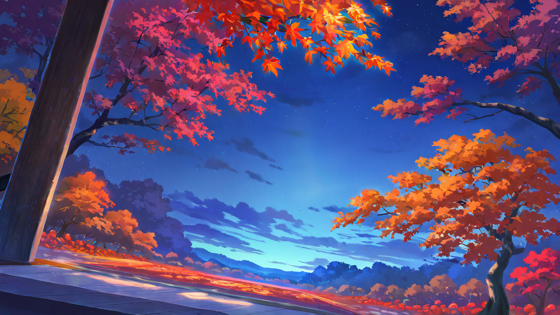 autumn maple village lofi wallpaper