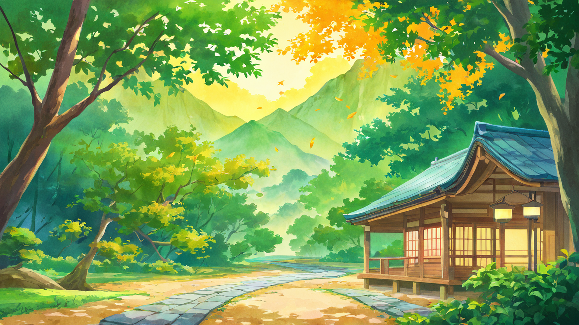 autumn maple village lofi wallpaper
