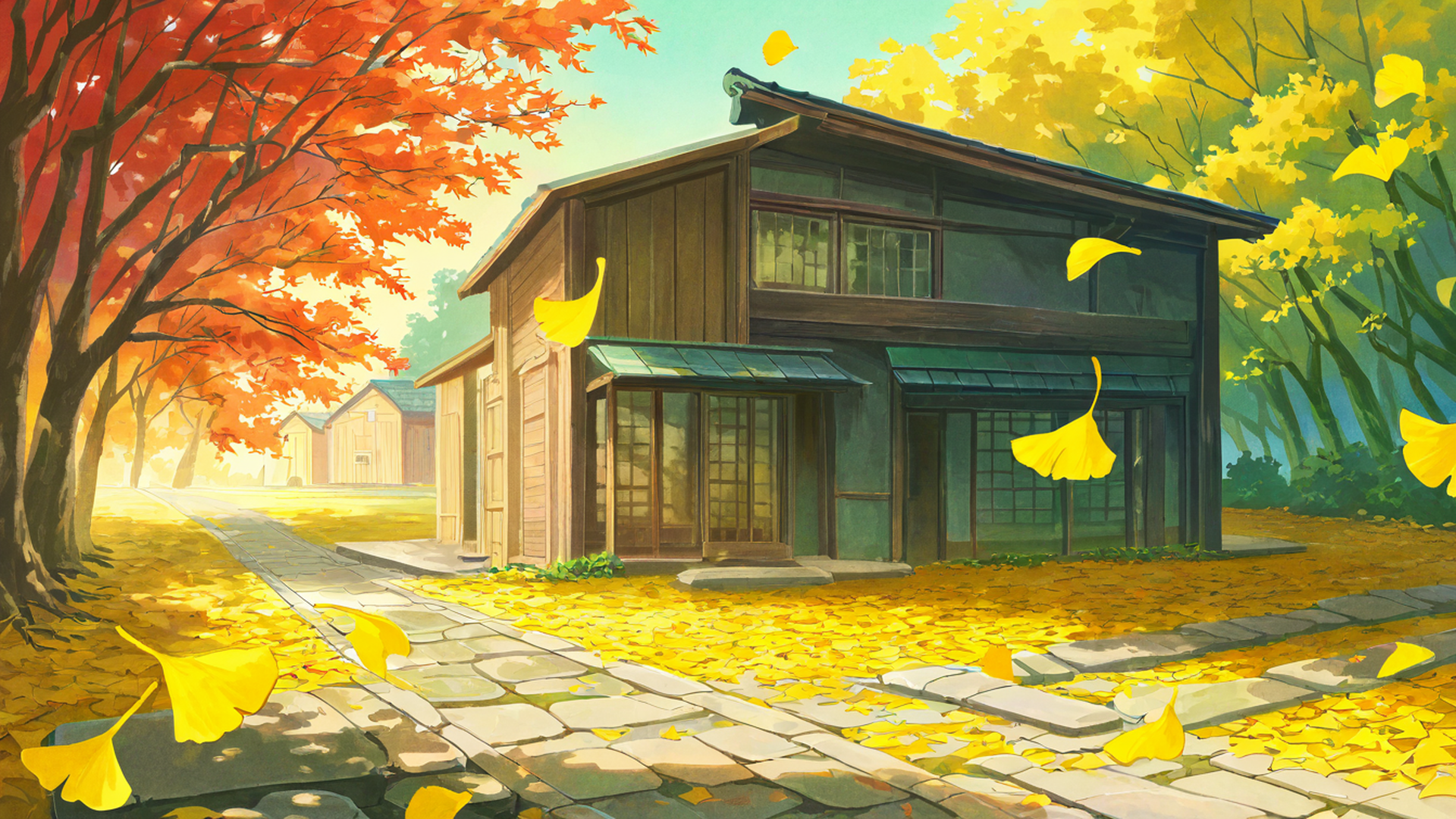 autumn maple village lofi wallpaper