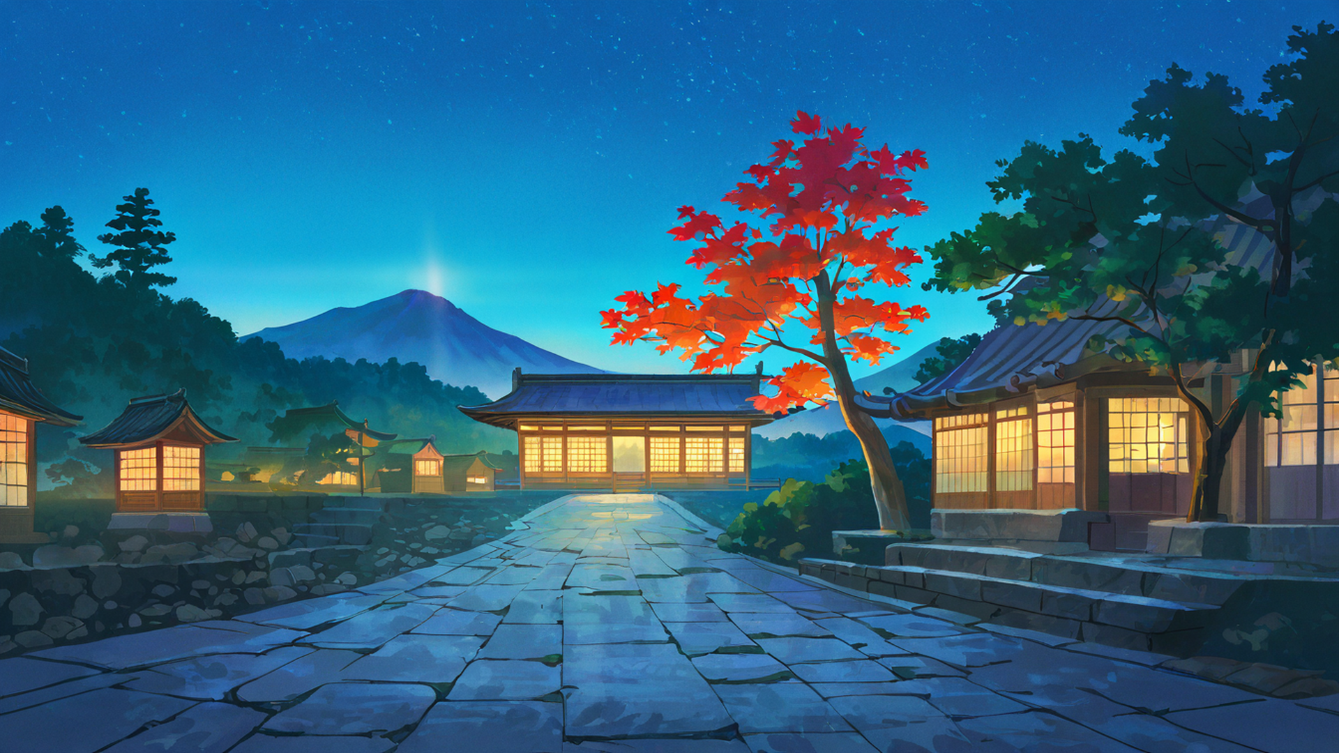 autumn maple village lofi wallpaper