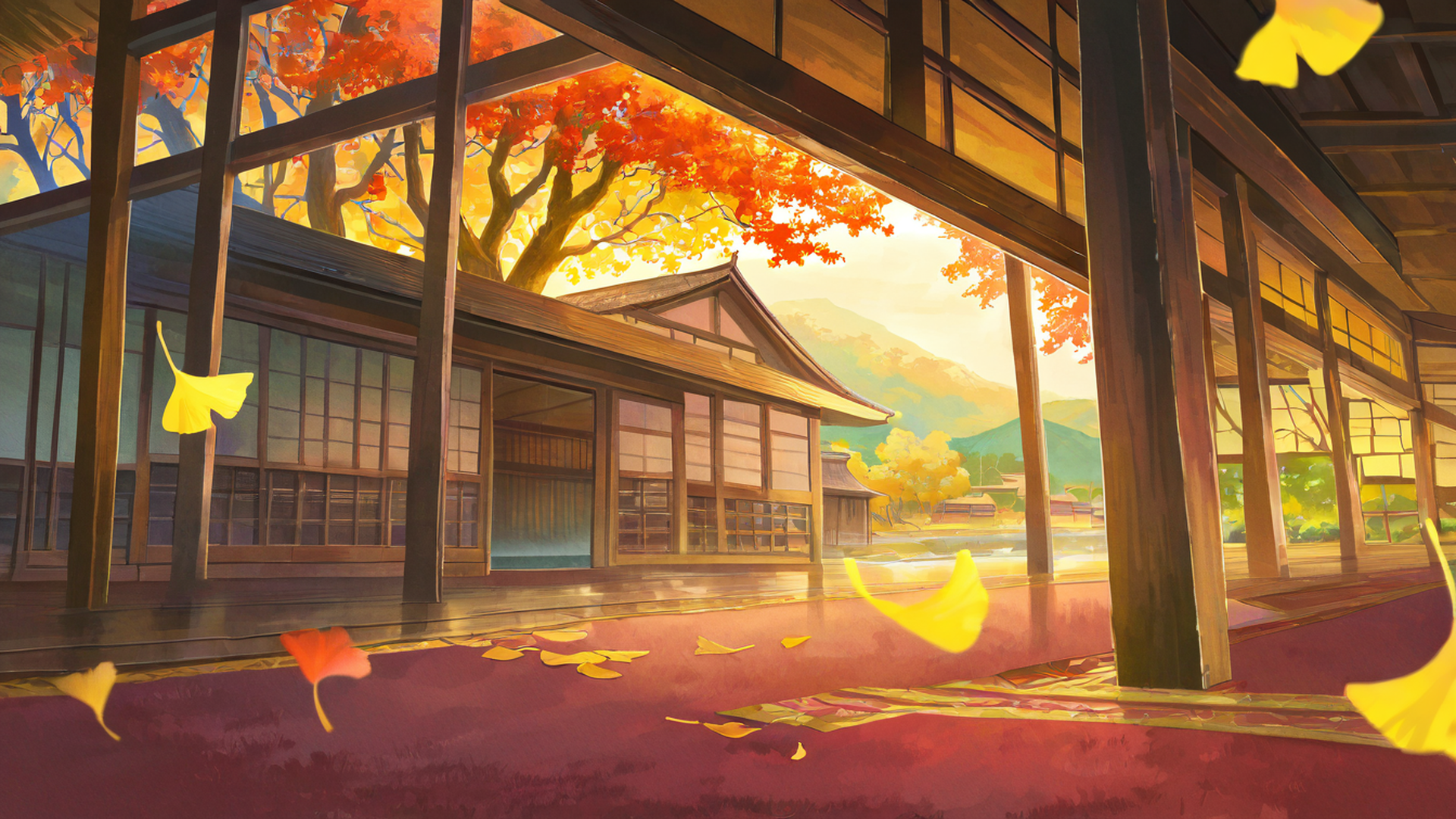 autumn maple village lofi wallpaper
