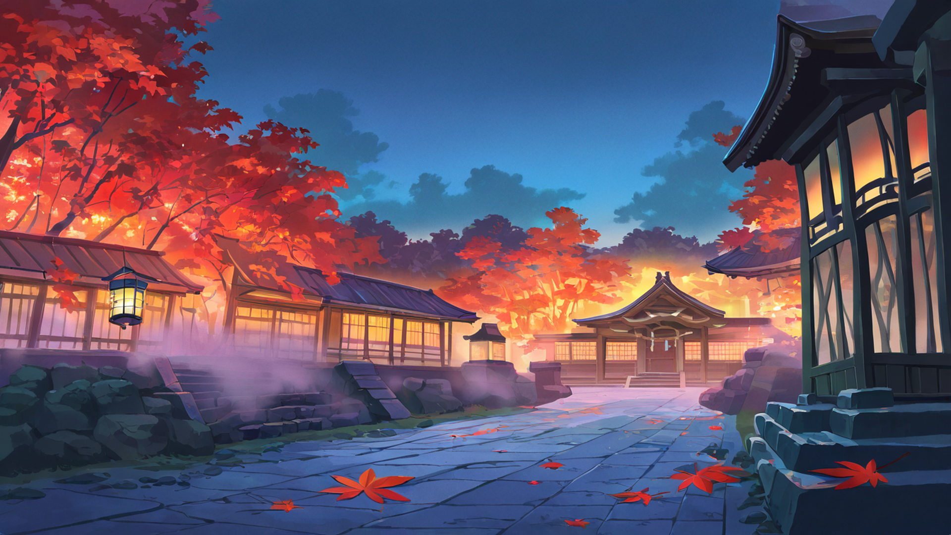 autumn maple village lofi wallpaper