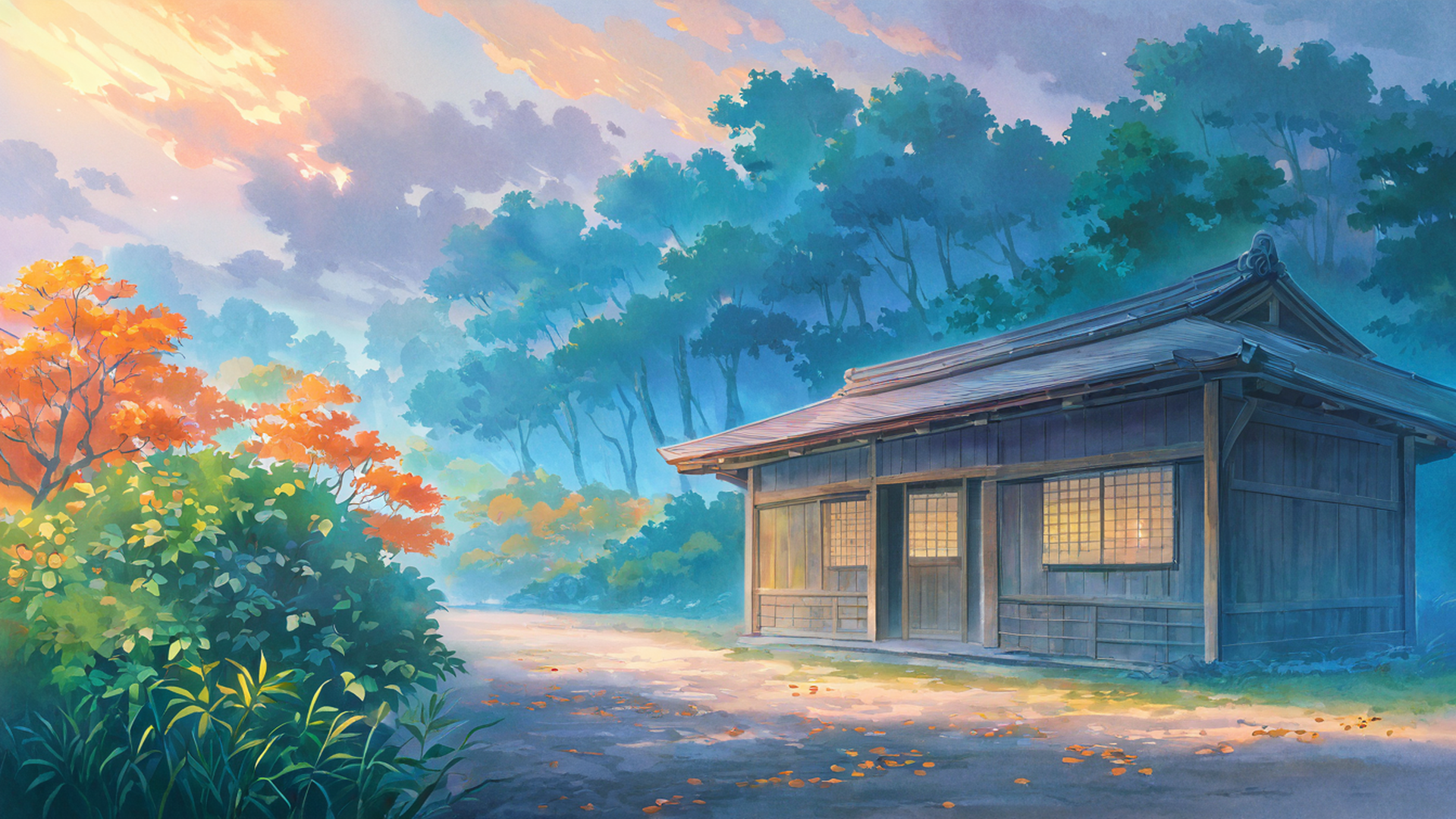 autumn maple village lofi wallpaper