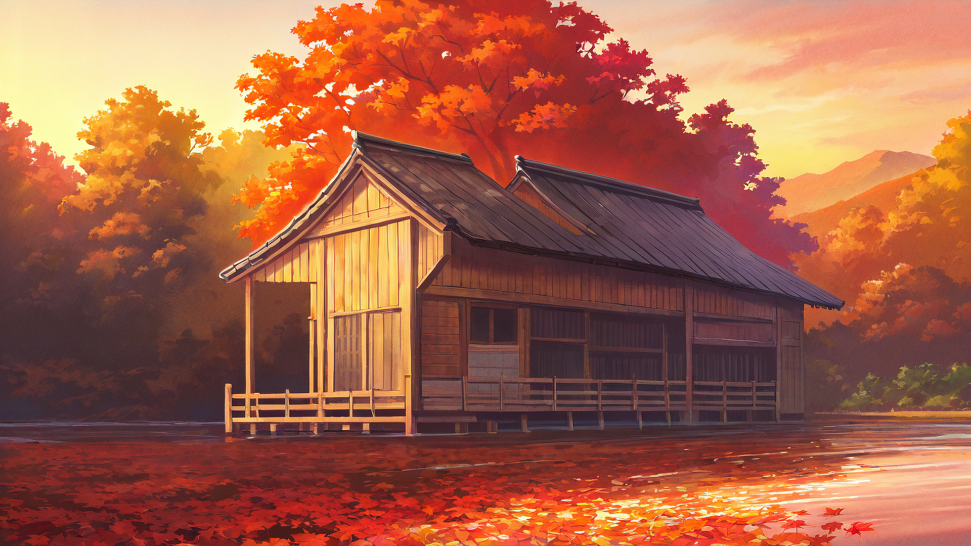 autumn maple village lofi wallpaper