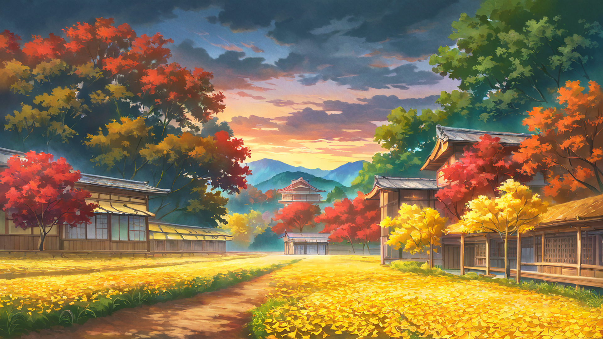 autumn maple village lofi wallpaper