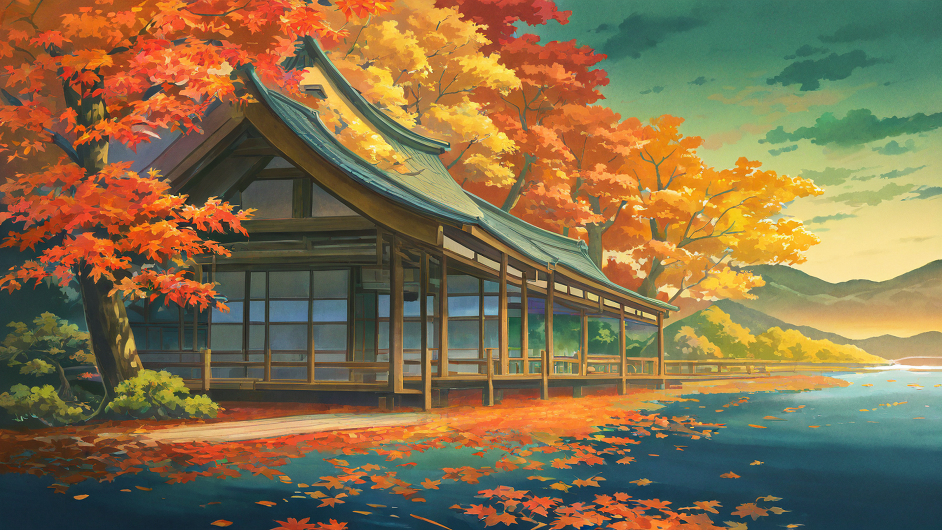 autumn maple village lofi wallpaper
