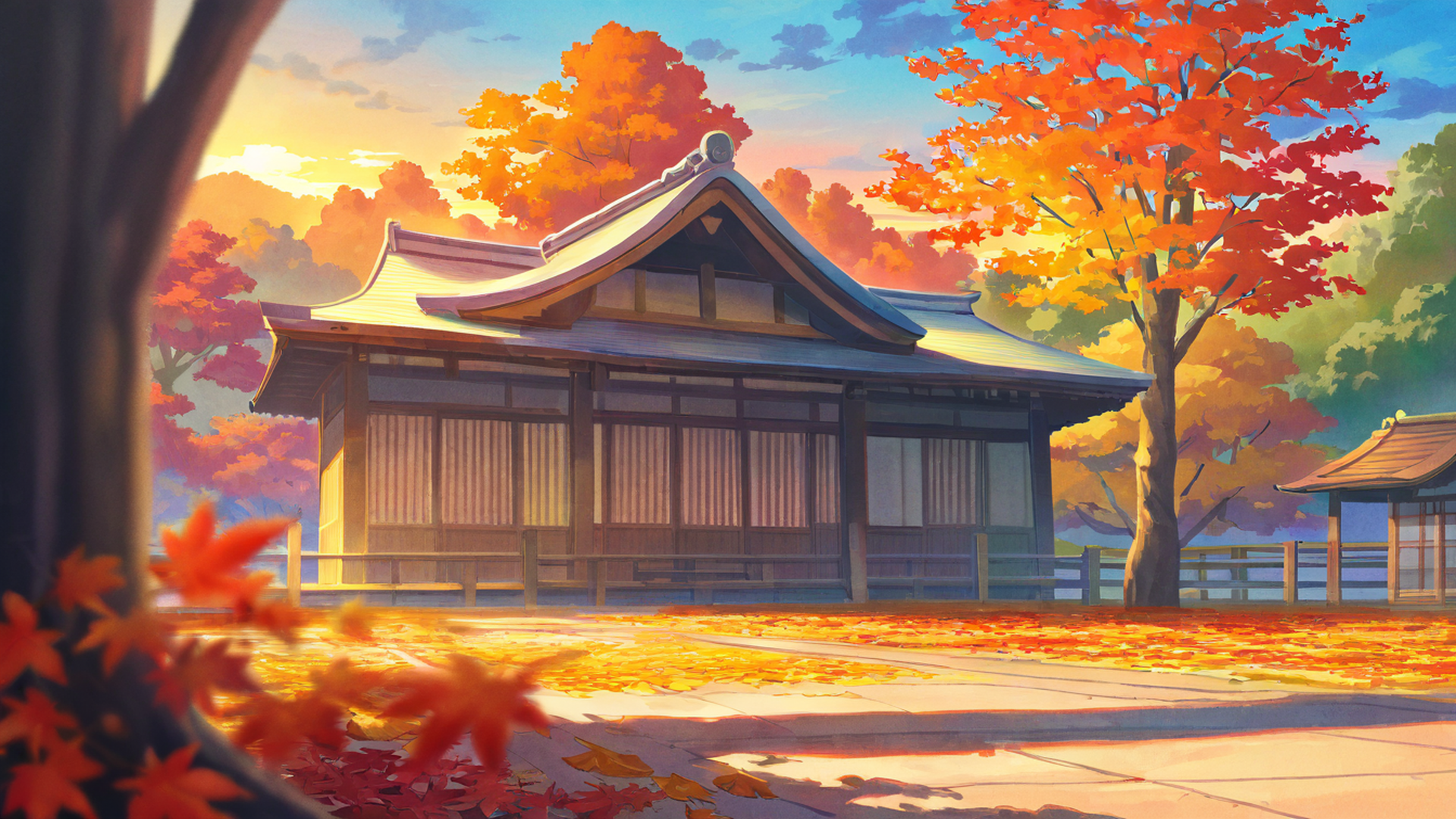 autumn maple village lofi wallpaper