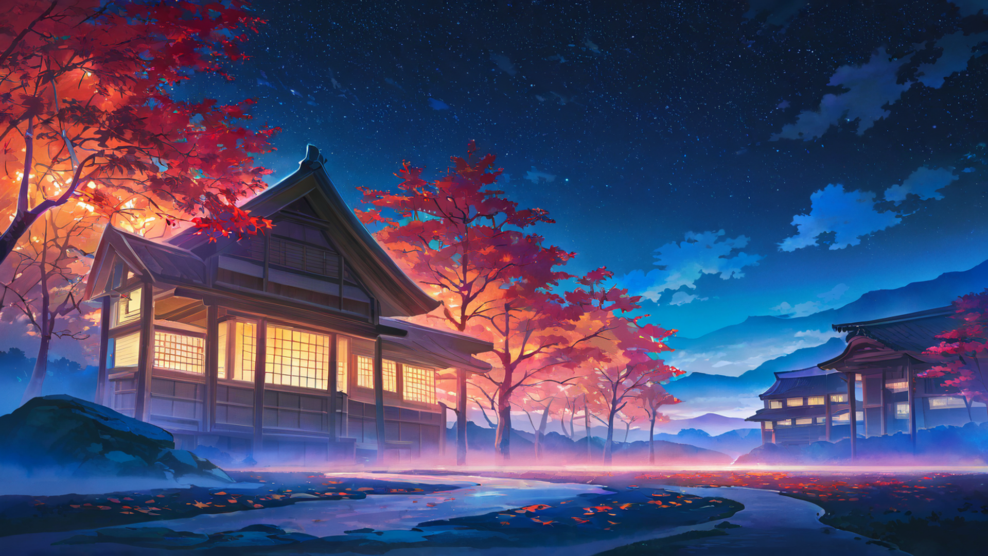 autumn maple village lofi wallpaper