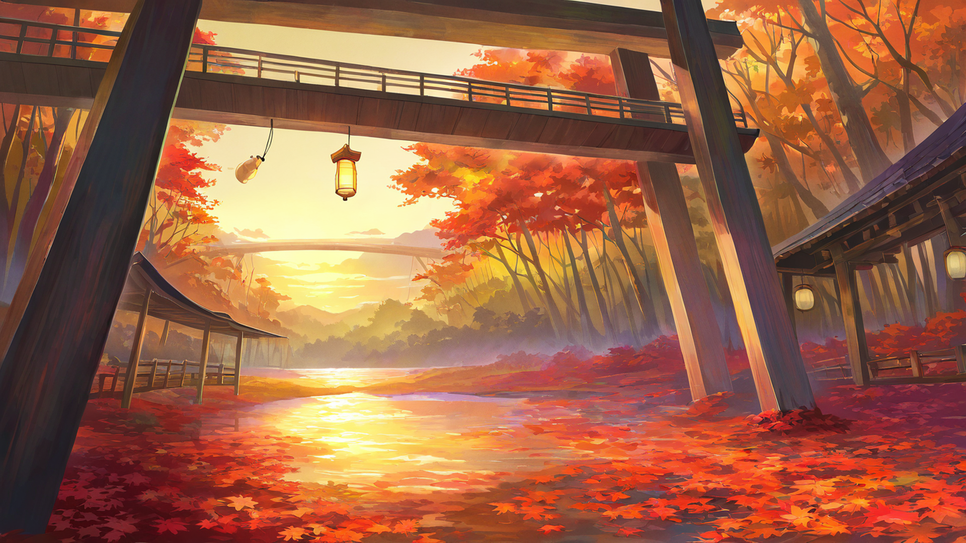 autumn maple village lofi wallpaper