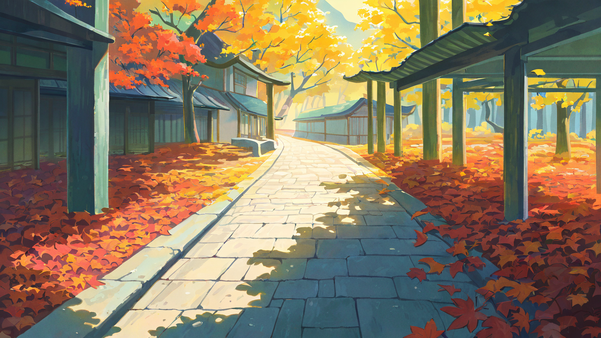 autumn maple village lofi wallpaper