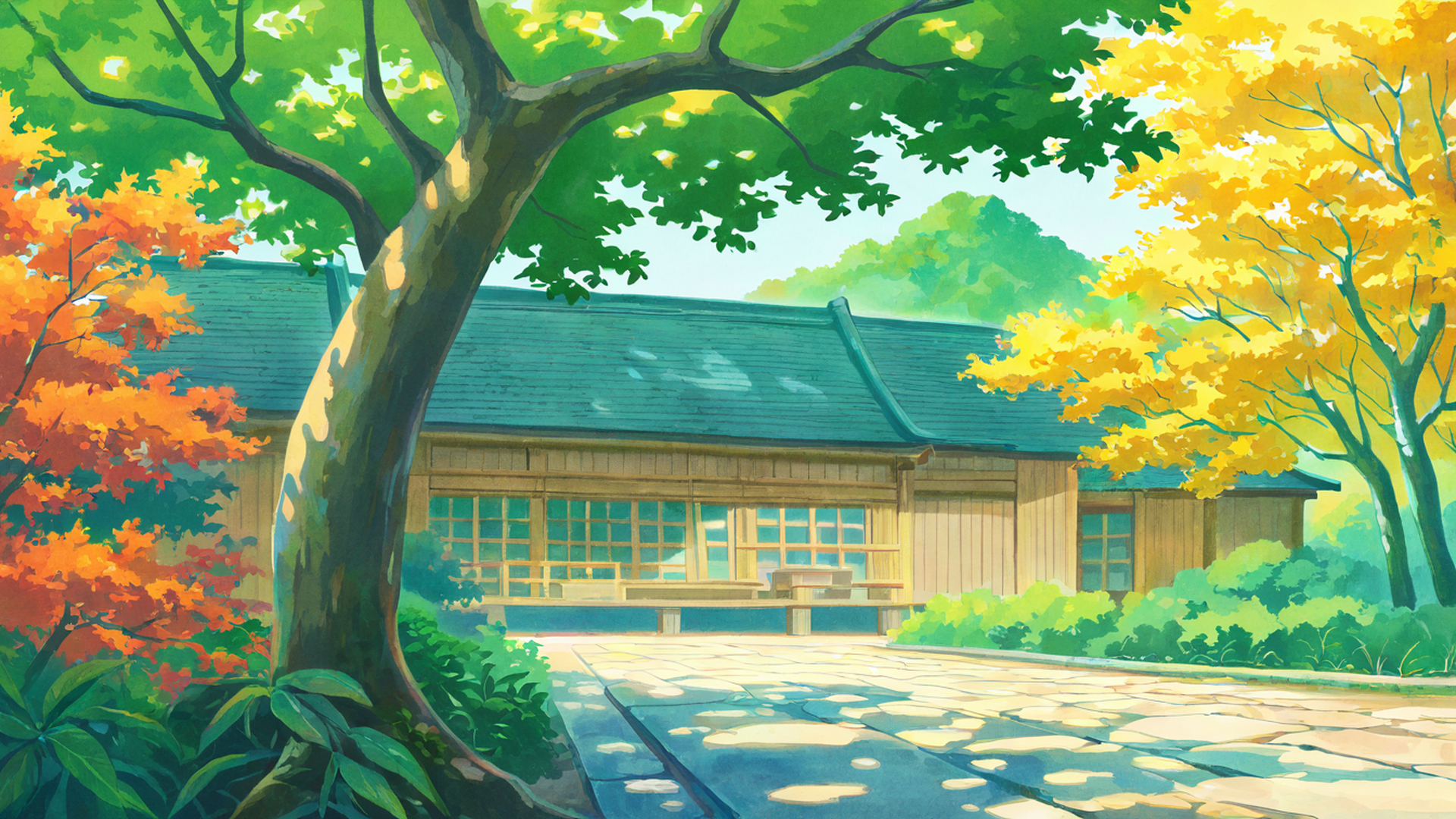 autumn maple village lofi wallpaper