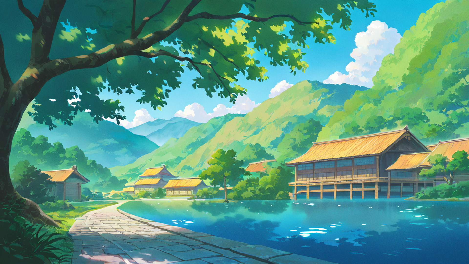 autumn maple village lofi wallpaper