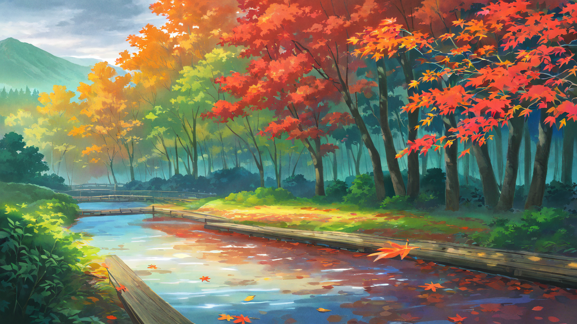 autumn maple village lofi wallpaper