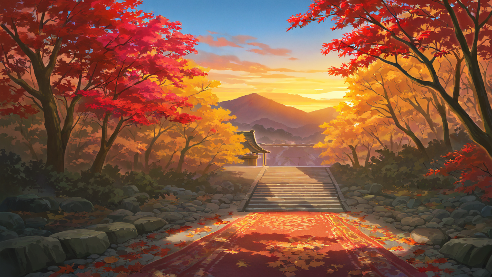 autumn maple village lofi wallpaper