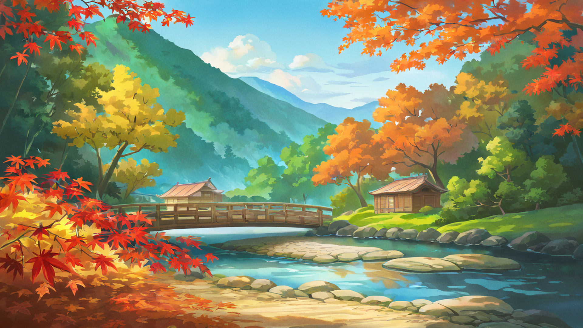 autumn maple village lofi wallpaper