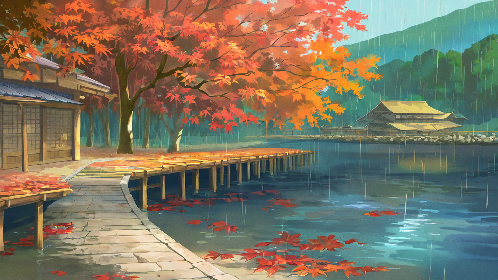 autumn maple village lofi wallpaper