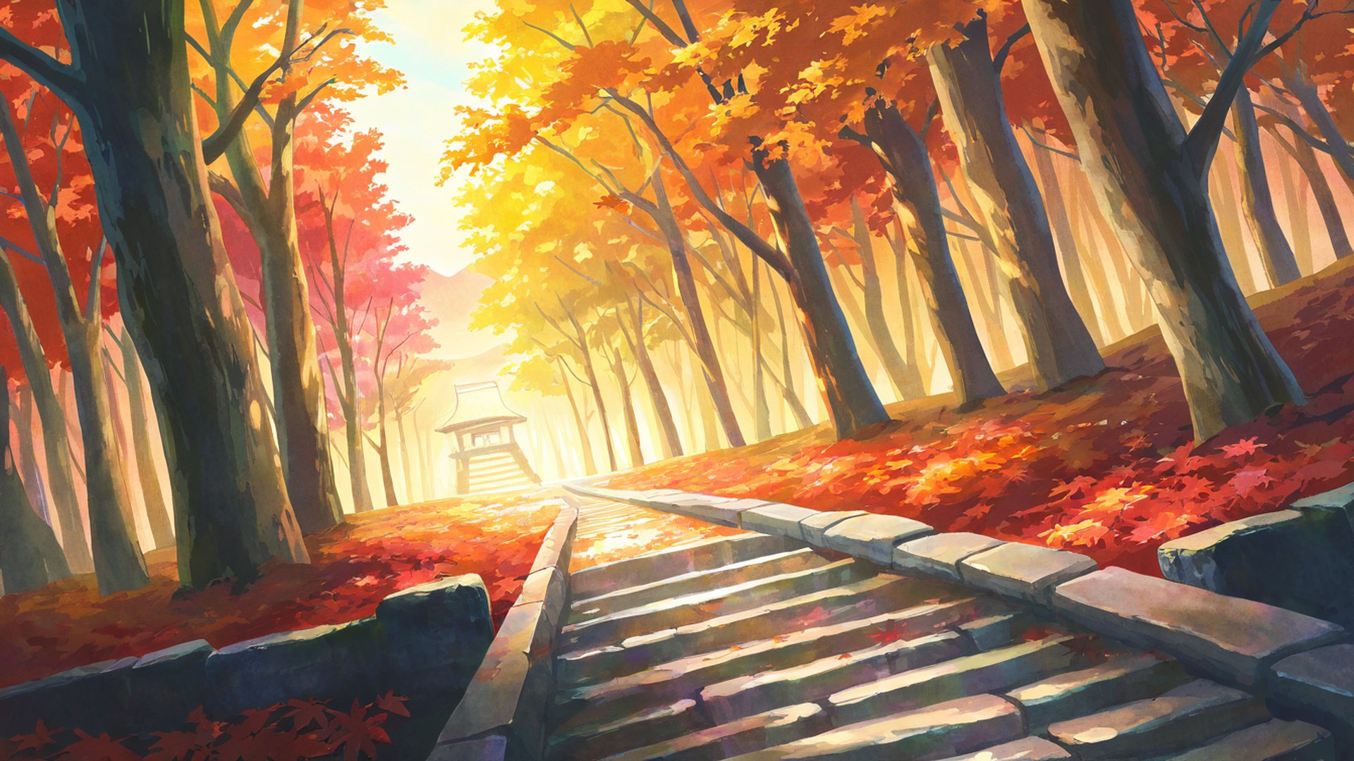 autumn maple village lofi wallpaper