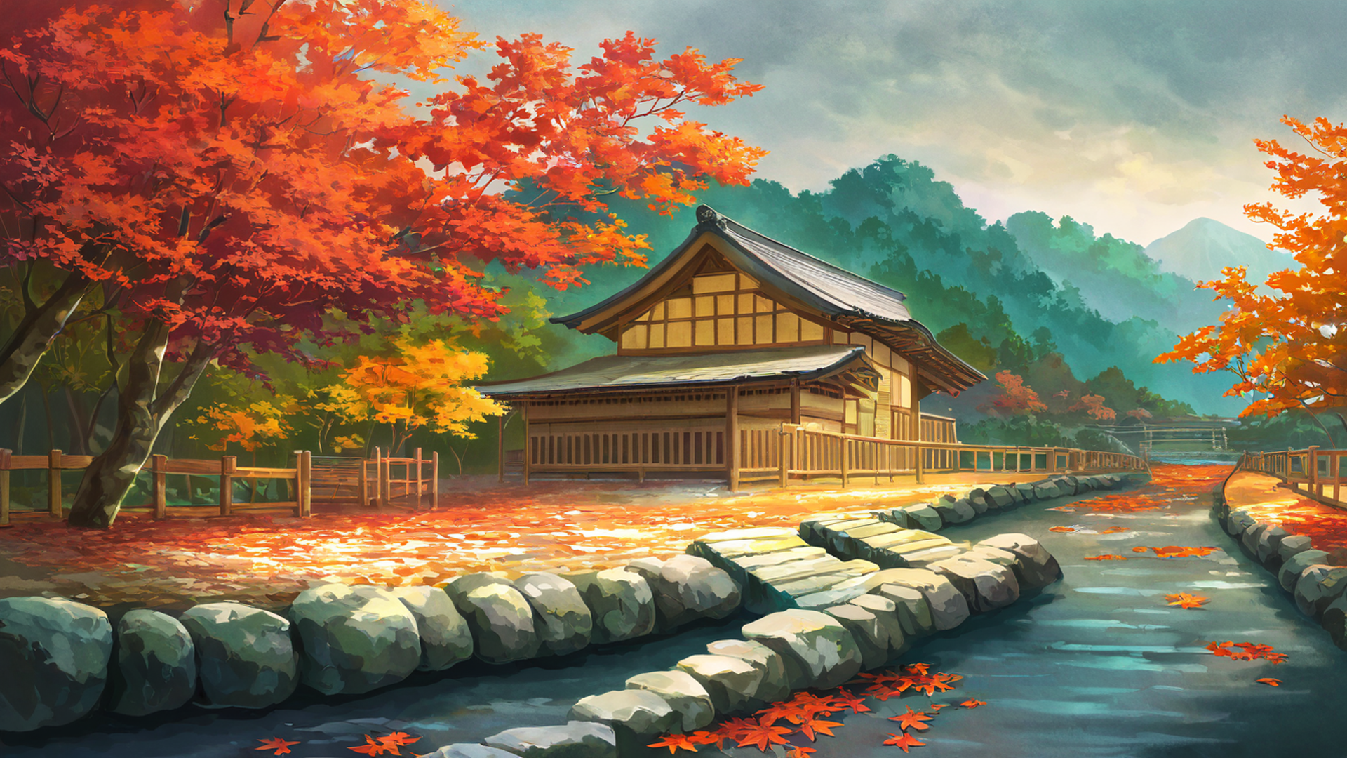 autumn maple village lofi wallpaper