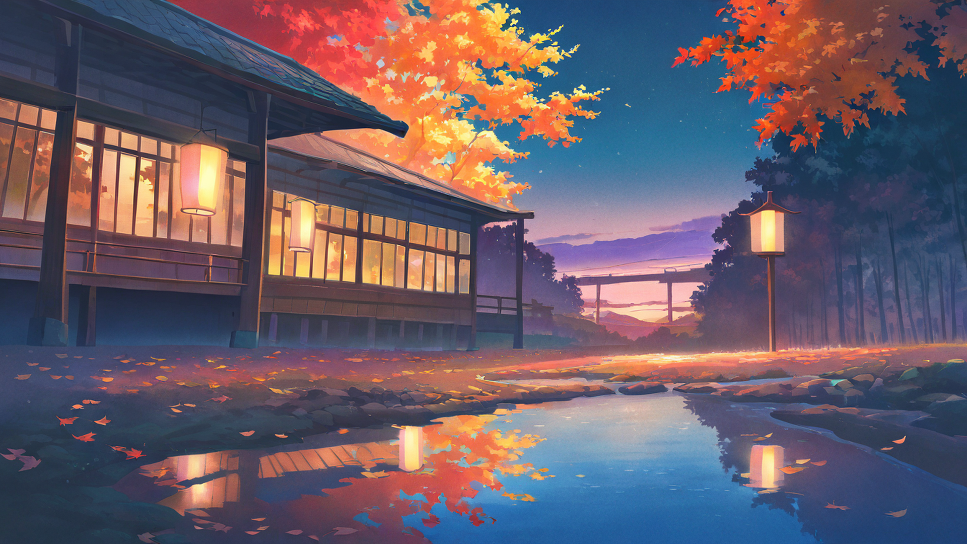 autumn maple village lofi wallpaper