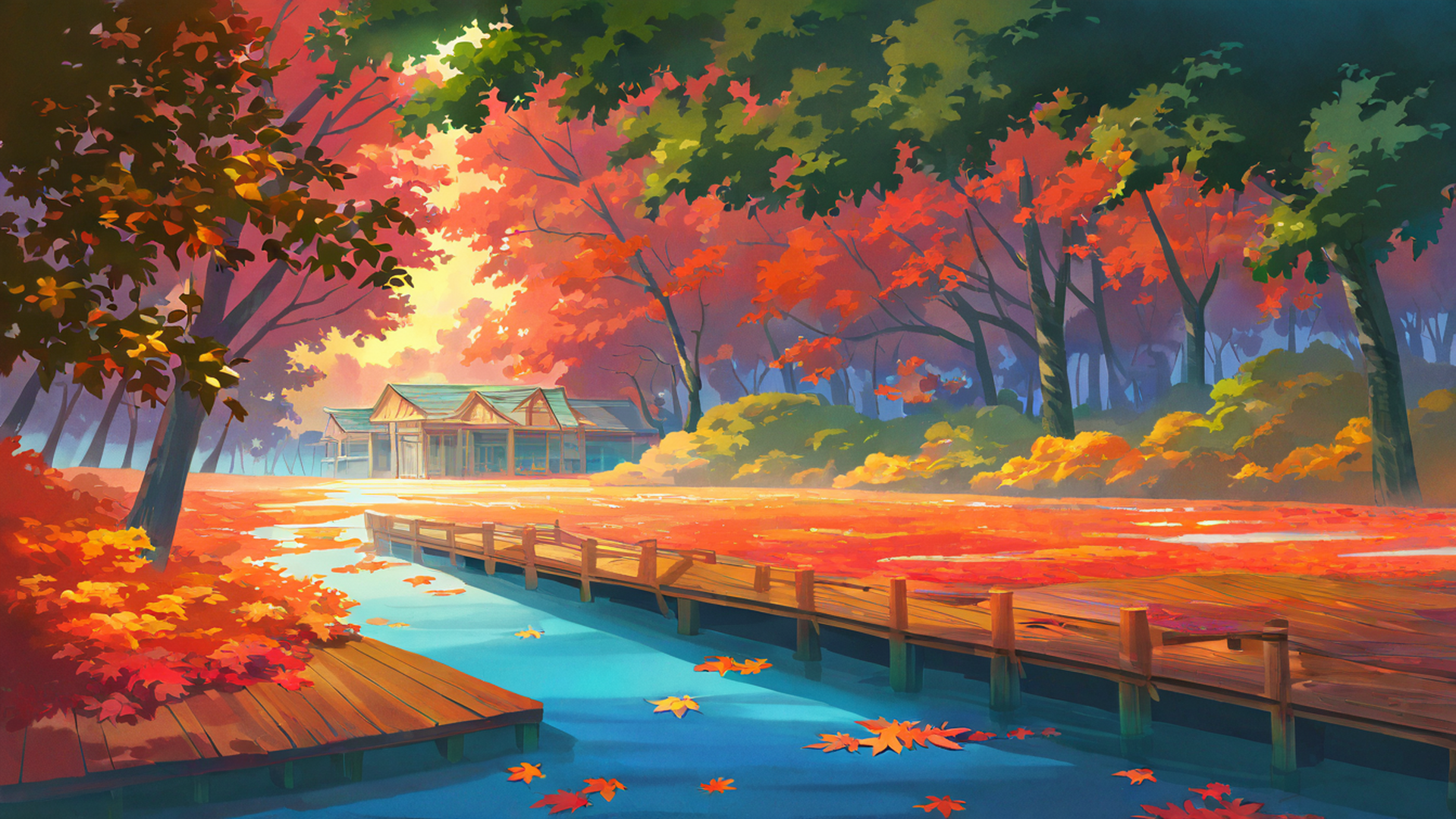 autumn maple village lofi wallpaper