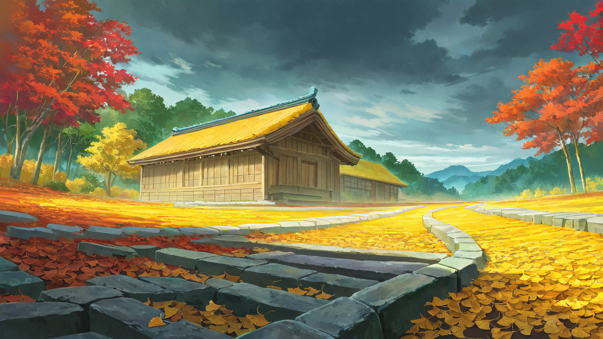 autumn maple village lofi wallpaper