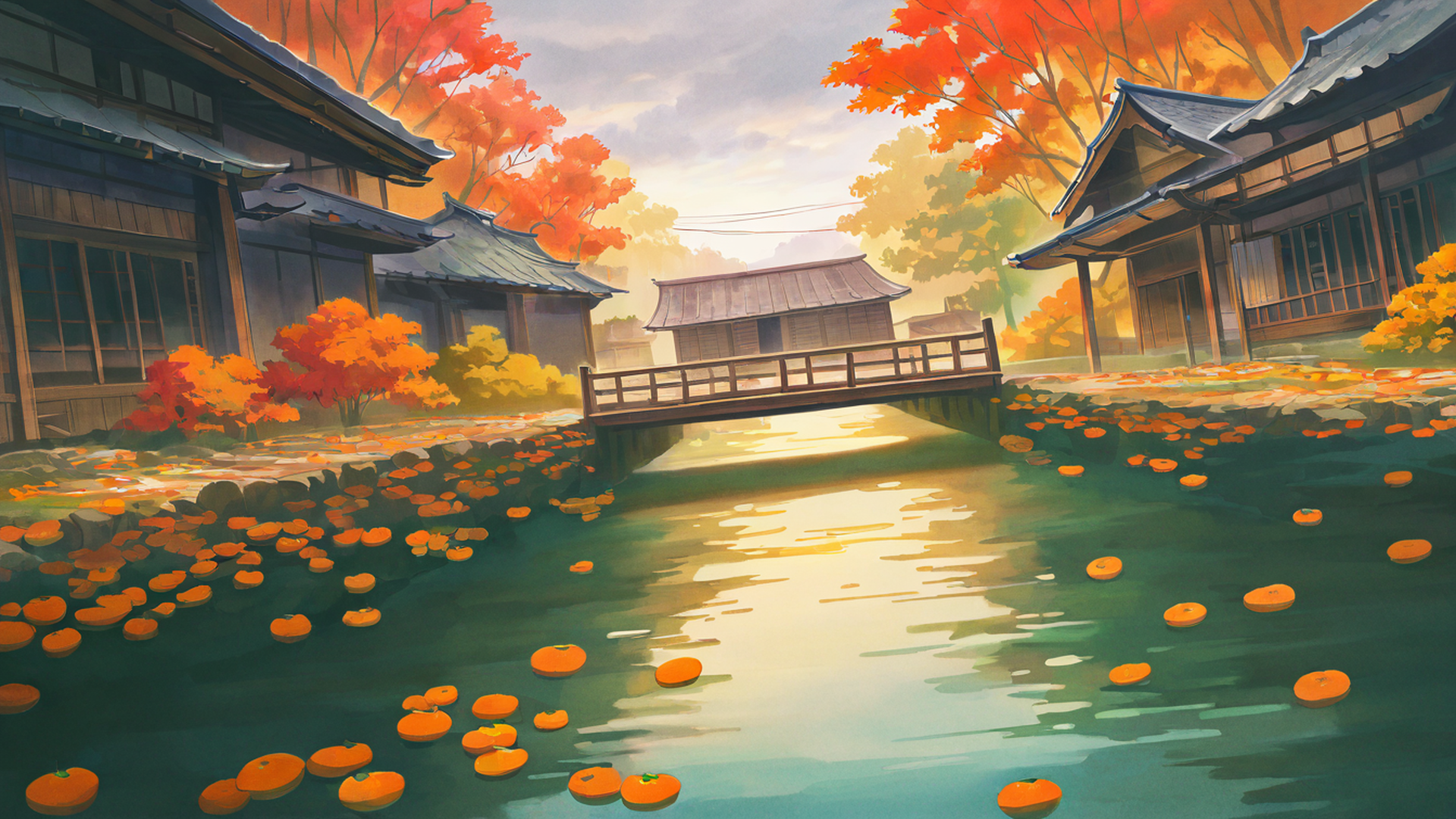 autumn maple village lofi wallpaper
