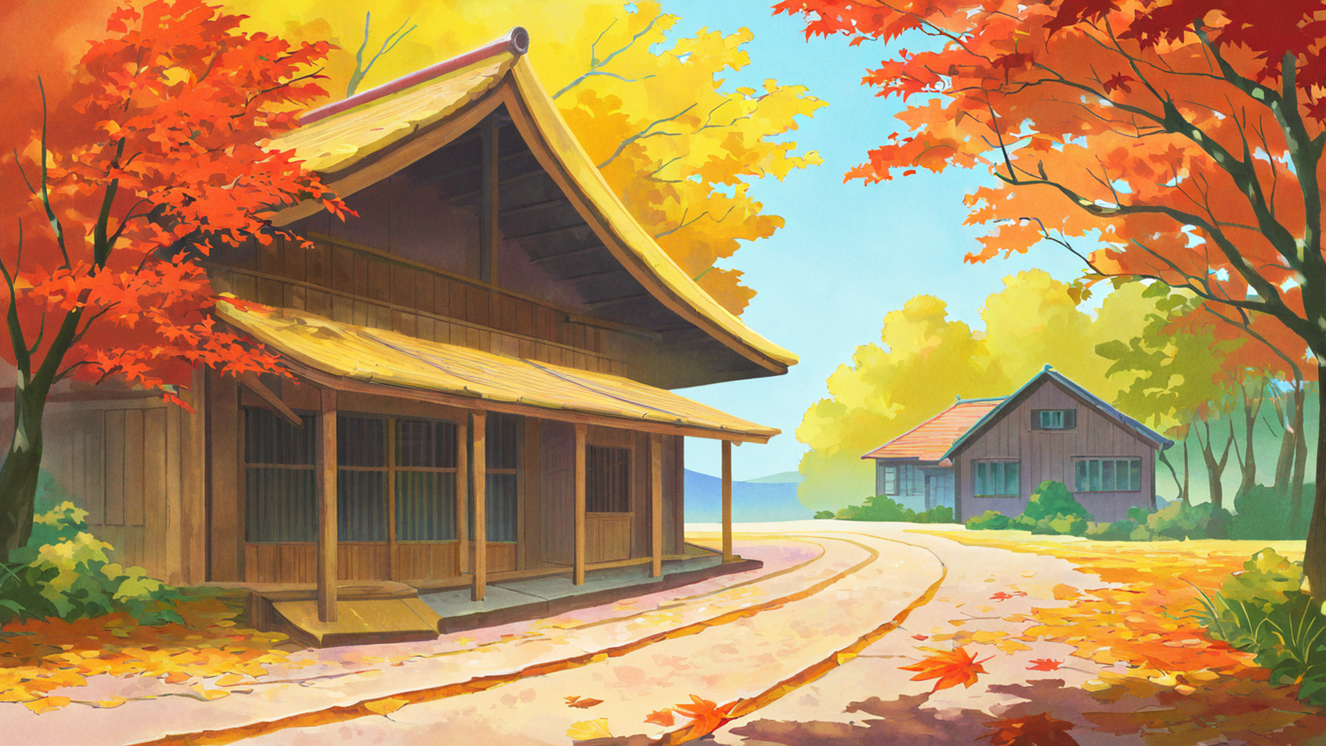 autumn maple village lofi wallpaper