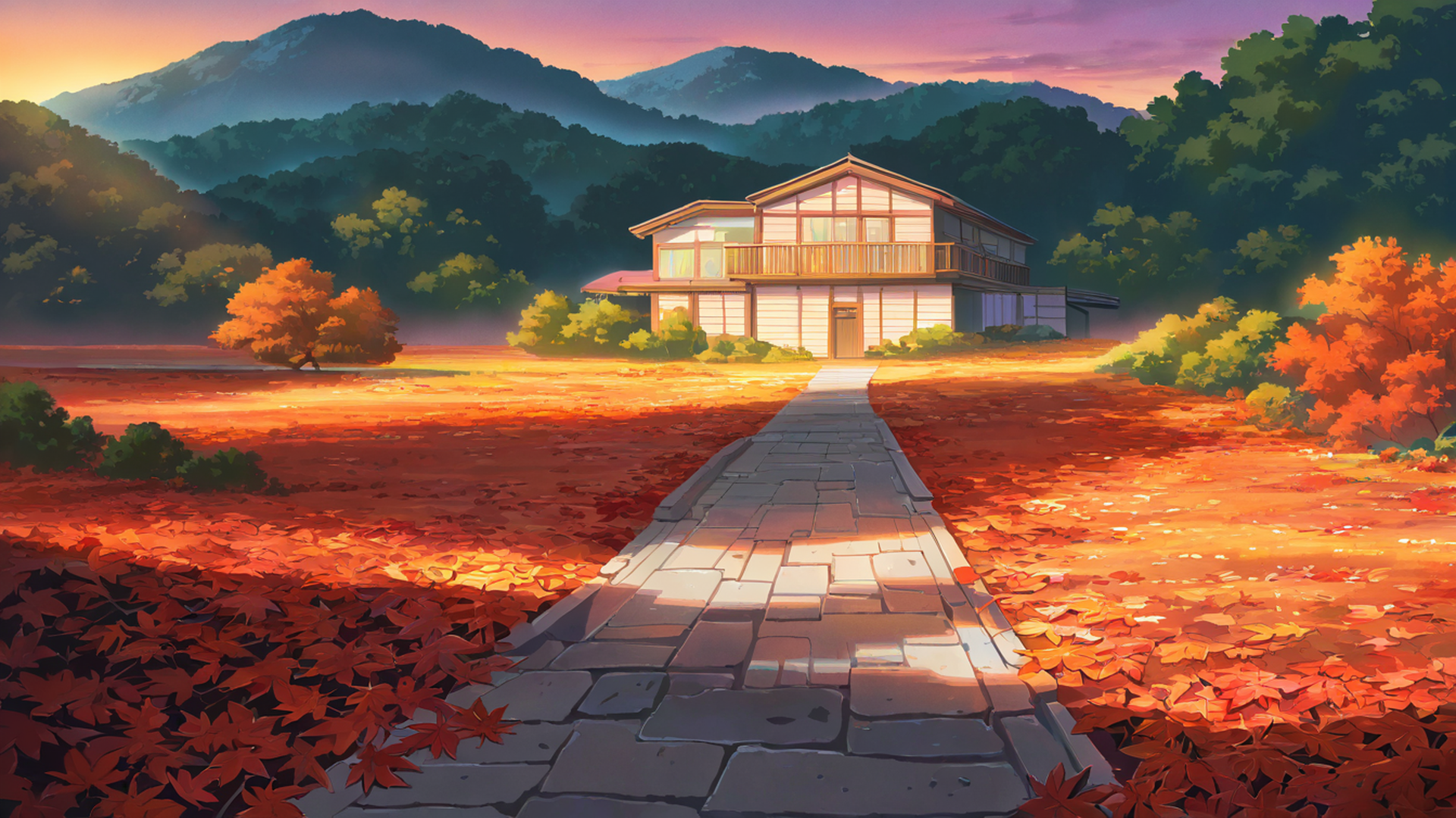 autumn maple village lofi wallpaper
