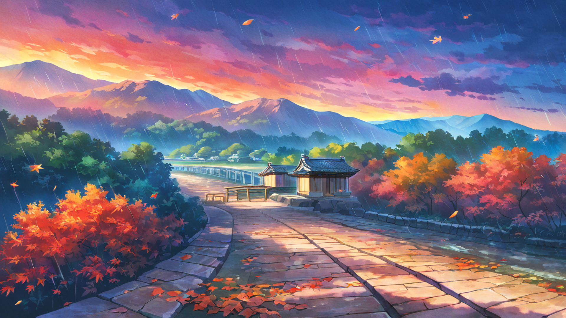 autumn maple village lofi wallpaper