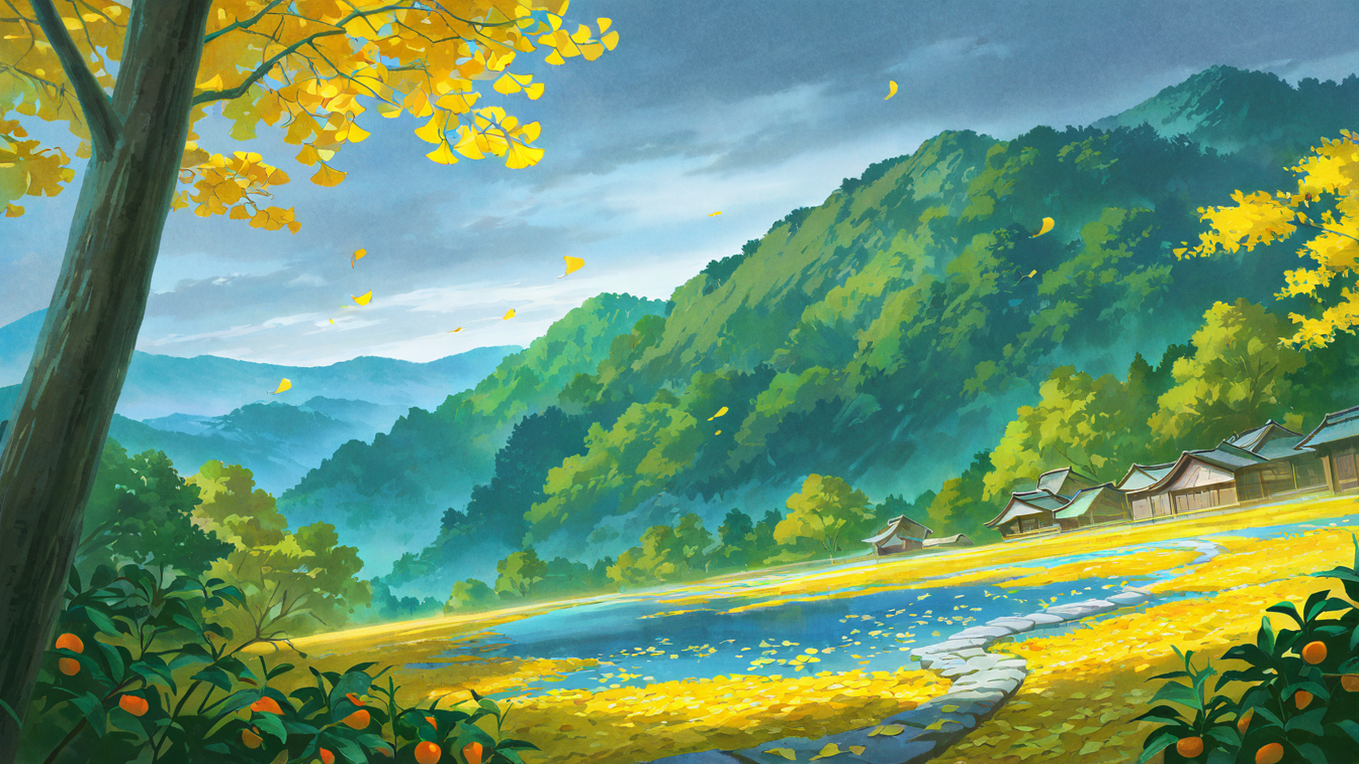 autumn maple village lofi wallpaper