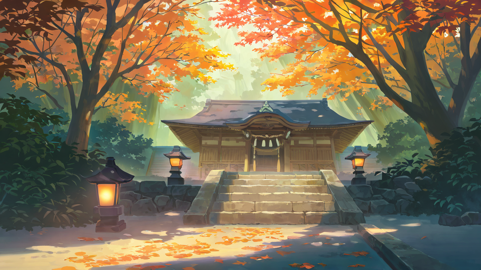 autumn maple village lofi wallpaper