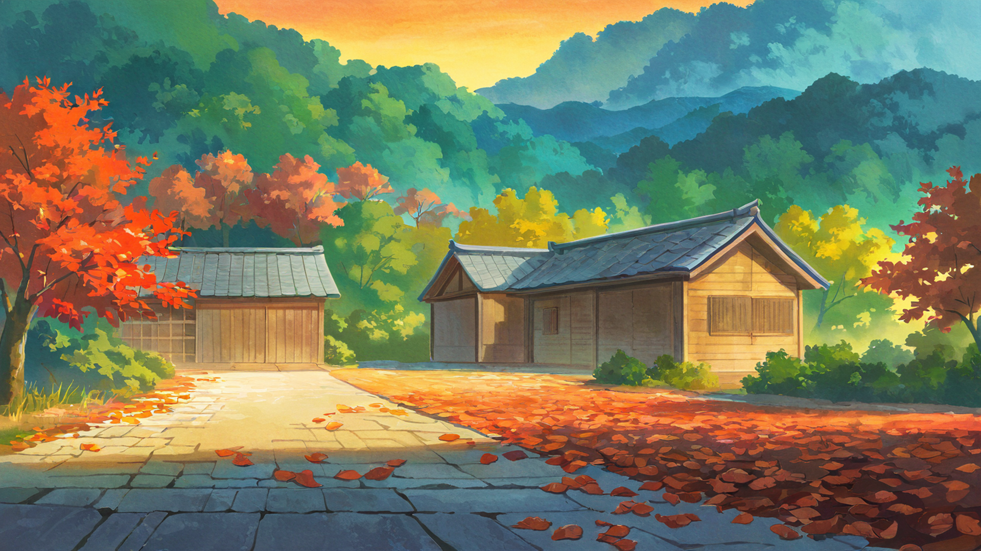 autumn maple village lofi wallpaper