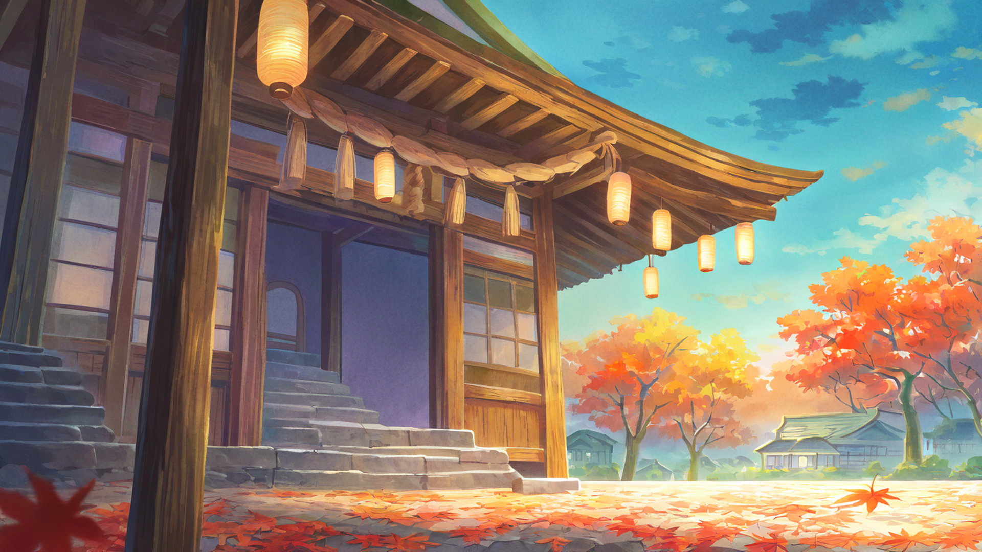 autumn maple village lofi wallpaper