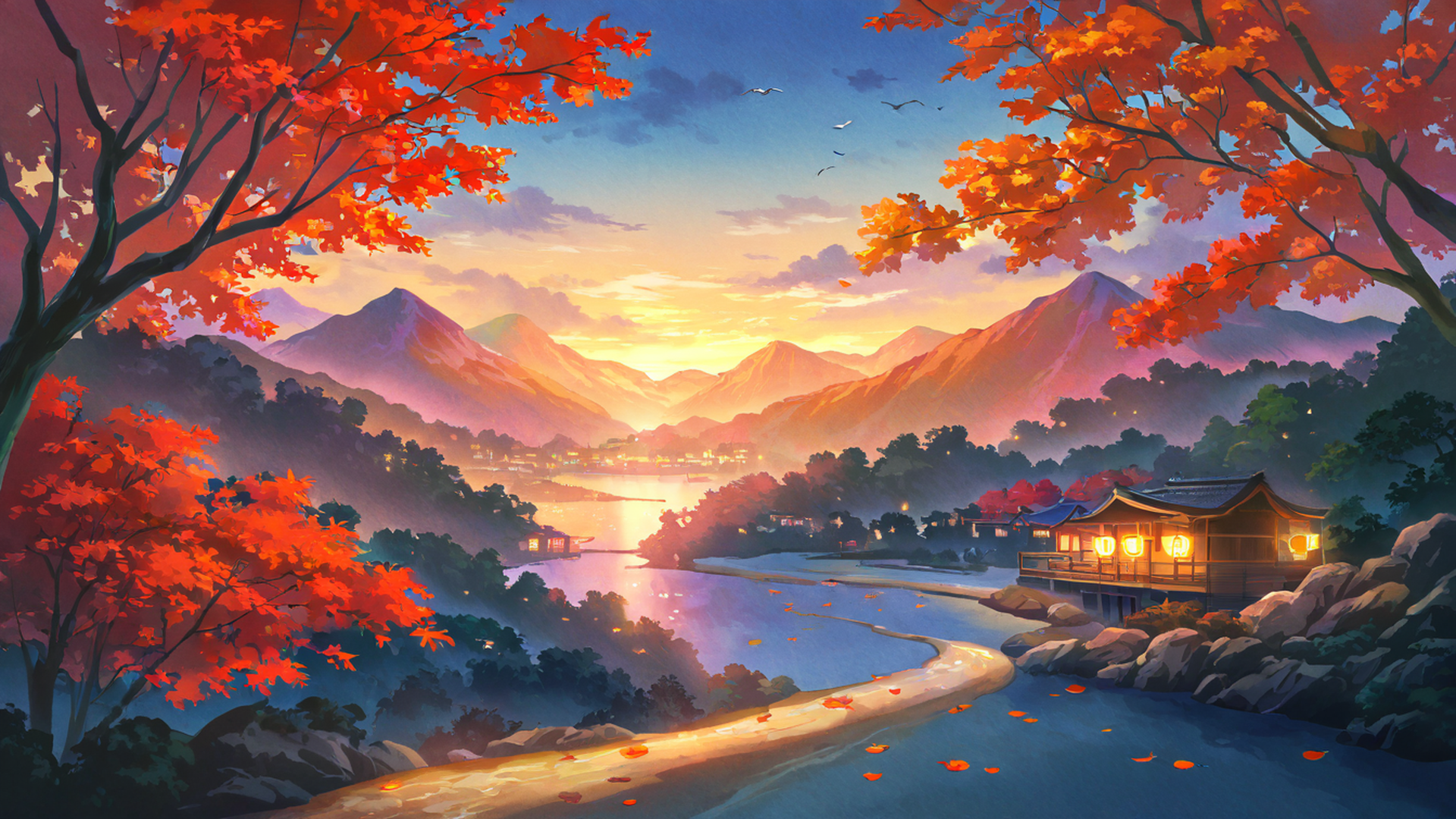 autumn maple village lofi wallpaper