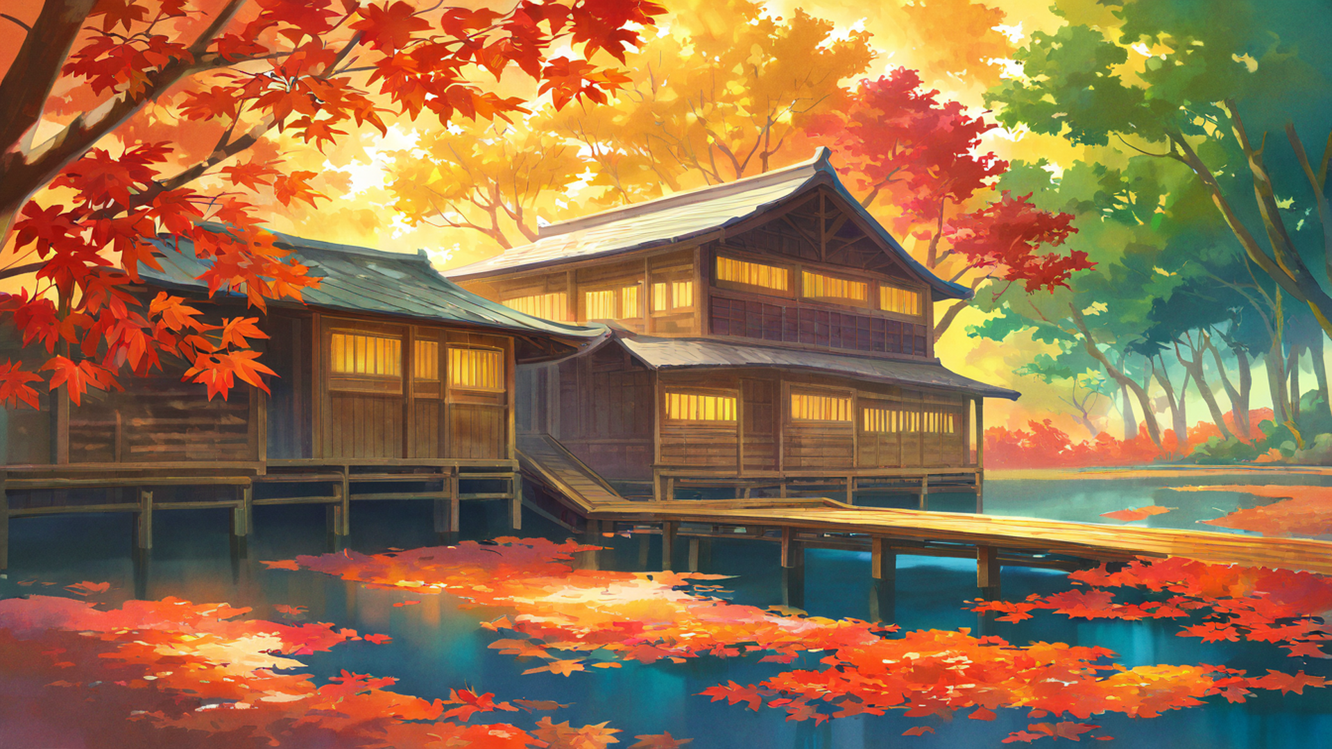 autumn maple village lofi wallpaper