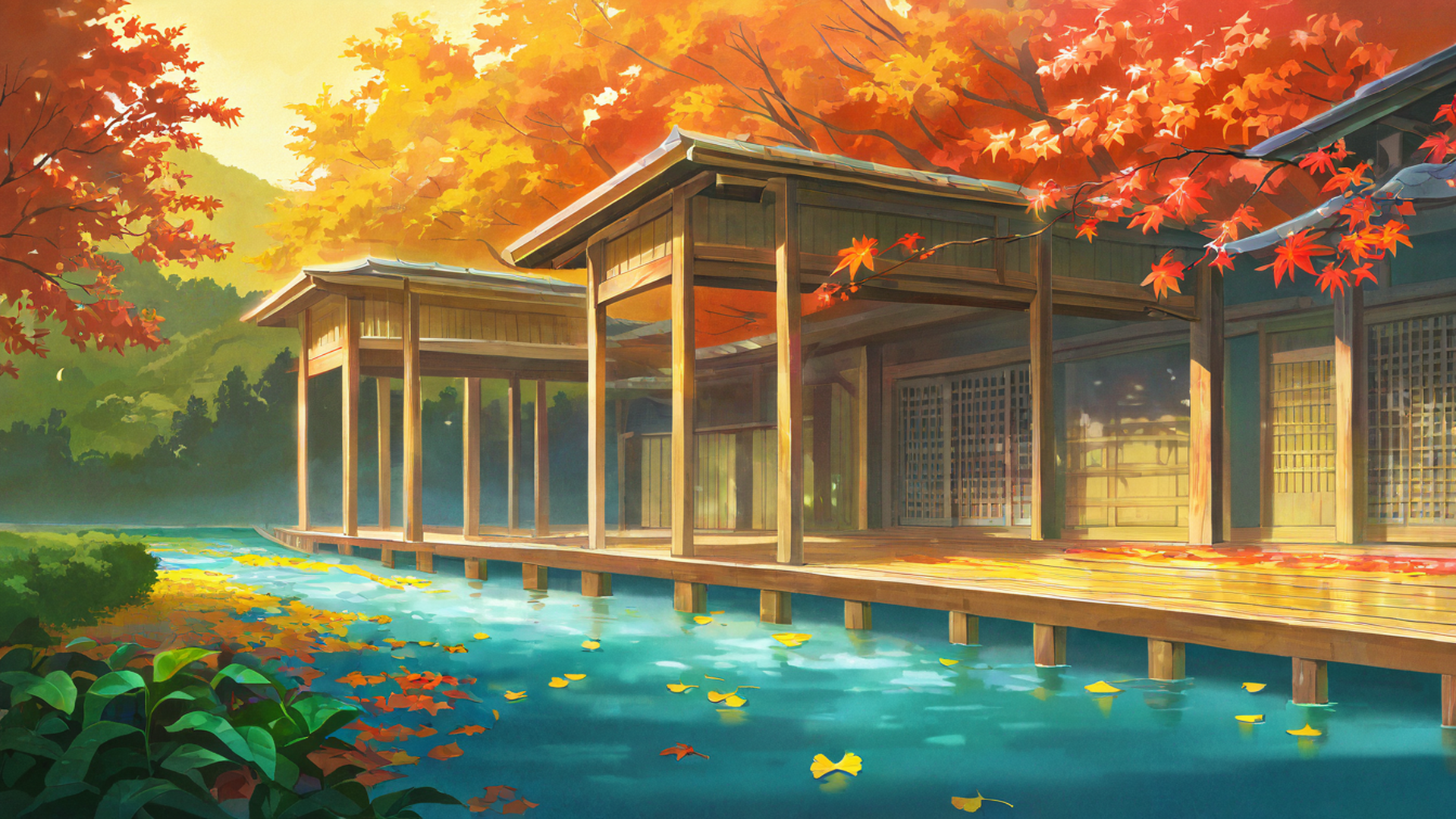 autumn maple village lofi wallpaper