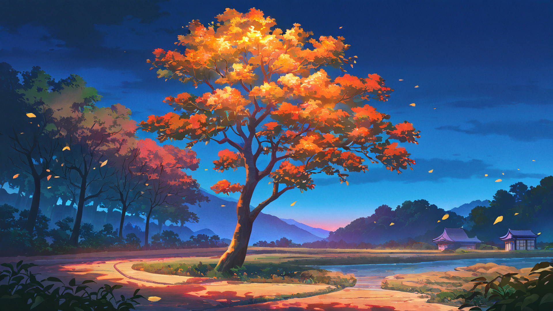 autumn maple village lofi wallpaper