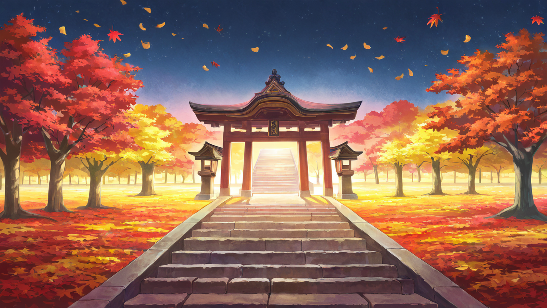 autumn maple village lofi wallpaper