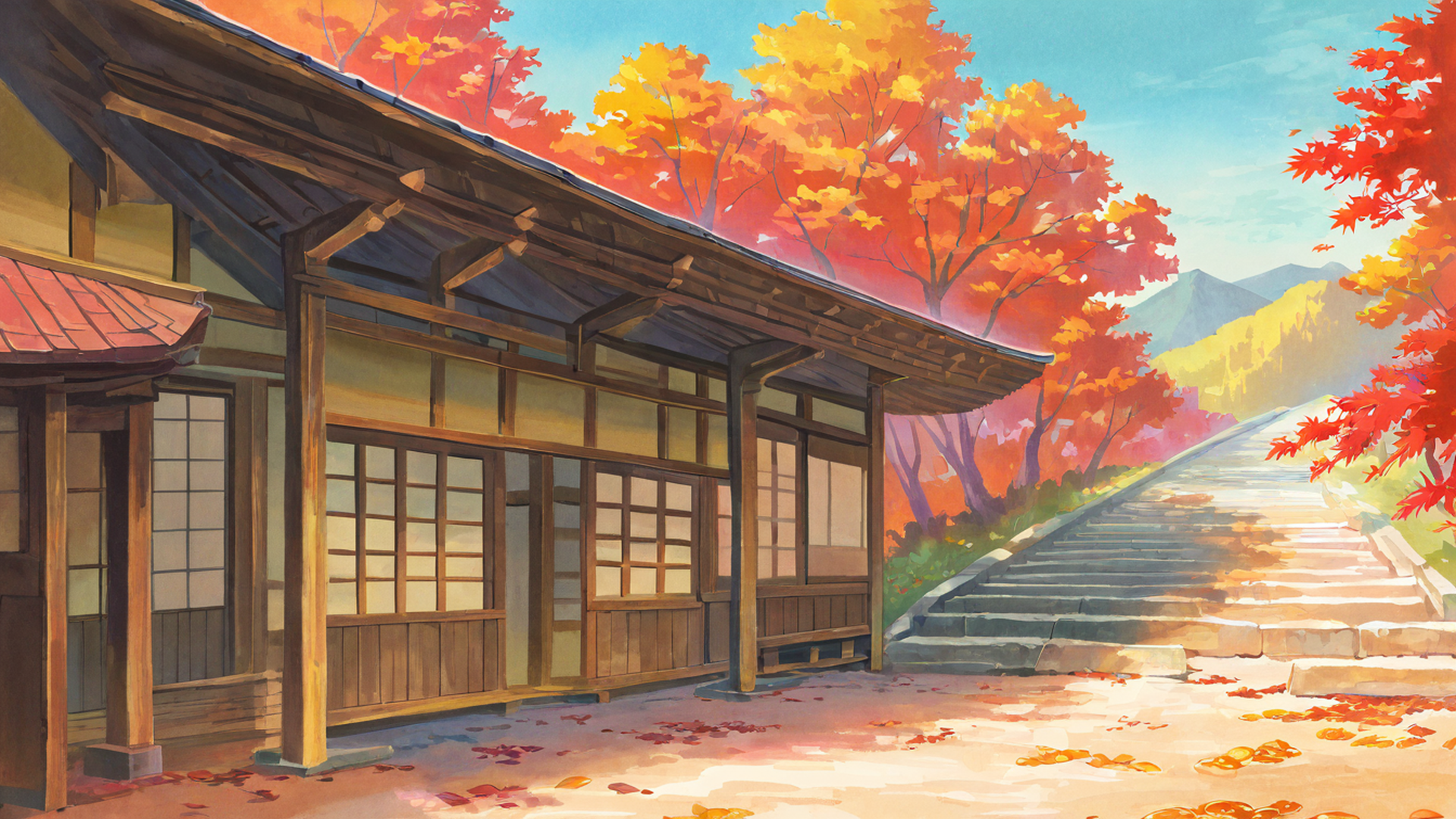 autumn maple village lofi wallpaper
