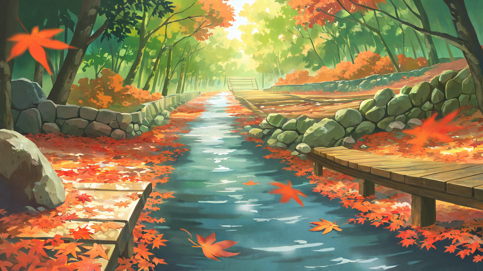 autumn maple village lofi wallpaper