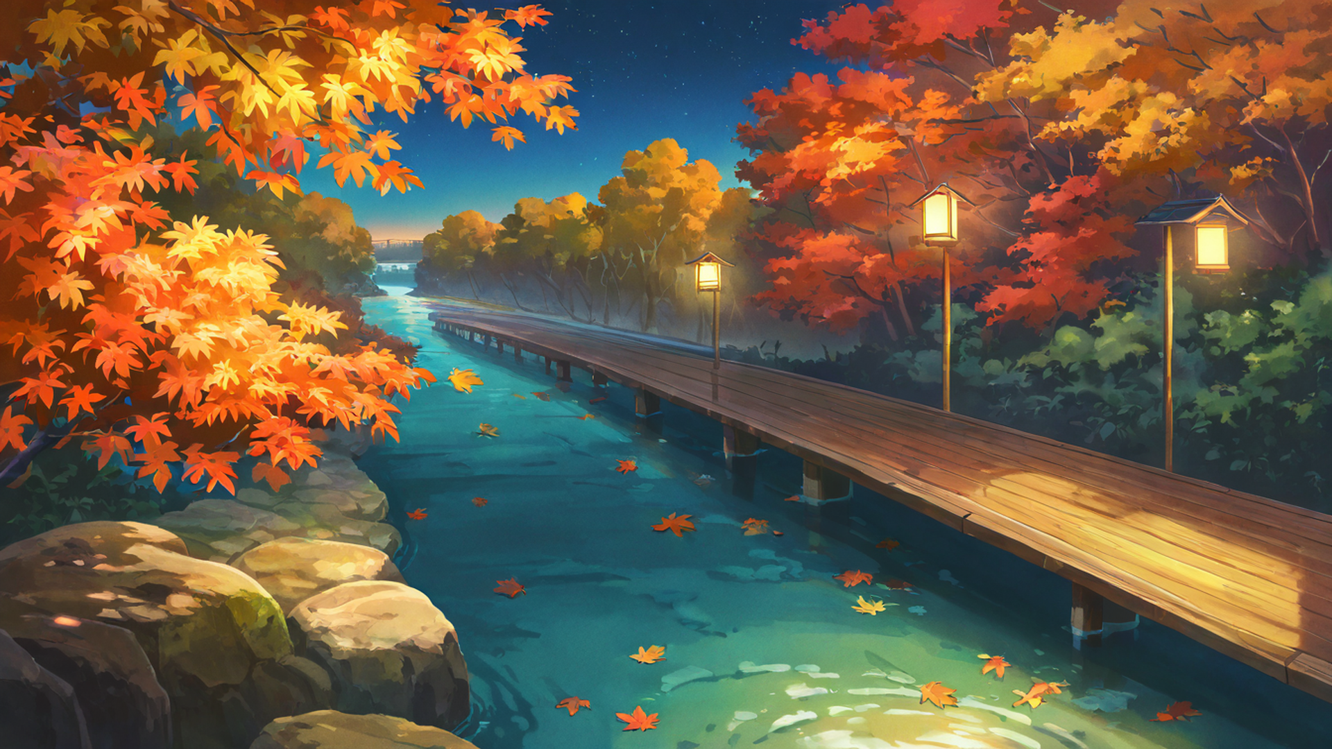 autumn maple village lofi wallpaper